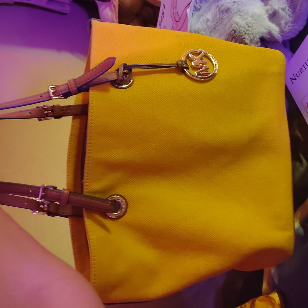 Michael‎ Kors Yellow Canvas Leather Trim Tote Bag Shoulder Bag